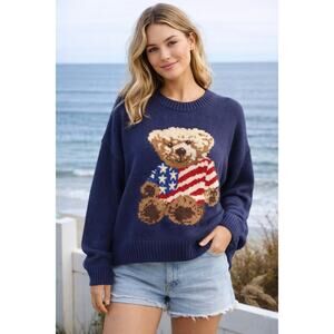 Grayson Threads Teddy Bear American Flag Sweater XXL Oversized Navy Knit USA